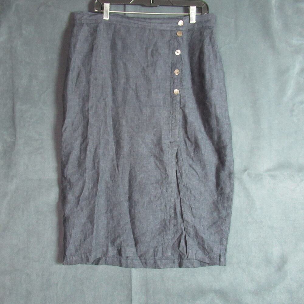 Garnet Hill Skirt Womens Large Blue Linen Button Front Midi Office Resort